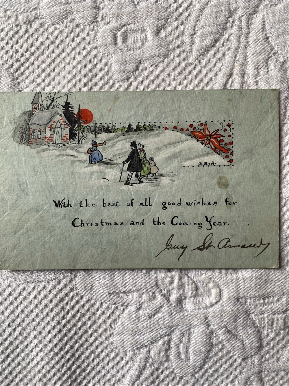 Vintage Ephemera Holiday Greeting Card - Vintage Winter Scene in Green and Red